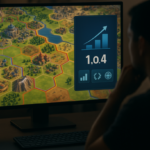 Ilustrasi peta strategi bergaya Civilization dengan kota berkembang dan indikator update patch 1.4 di layar.