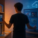 Ilustrasi perpindahan dari koleksi disk PlayStation fisik ke perpustakaan game digital di layar konsol modern.