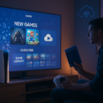 Ilustrasi konsol PlayStation digital tanpa disk, rak game fisik memudar menjadi ikon digital di layar.