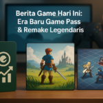Ilustrasi layanan game berlangganan, remake petualangan fantasi, dan strategi taktis di satu komposisi modern.